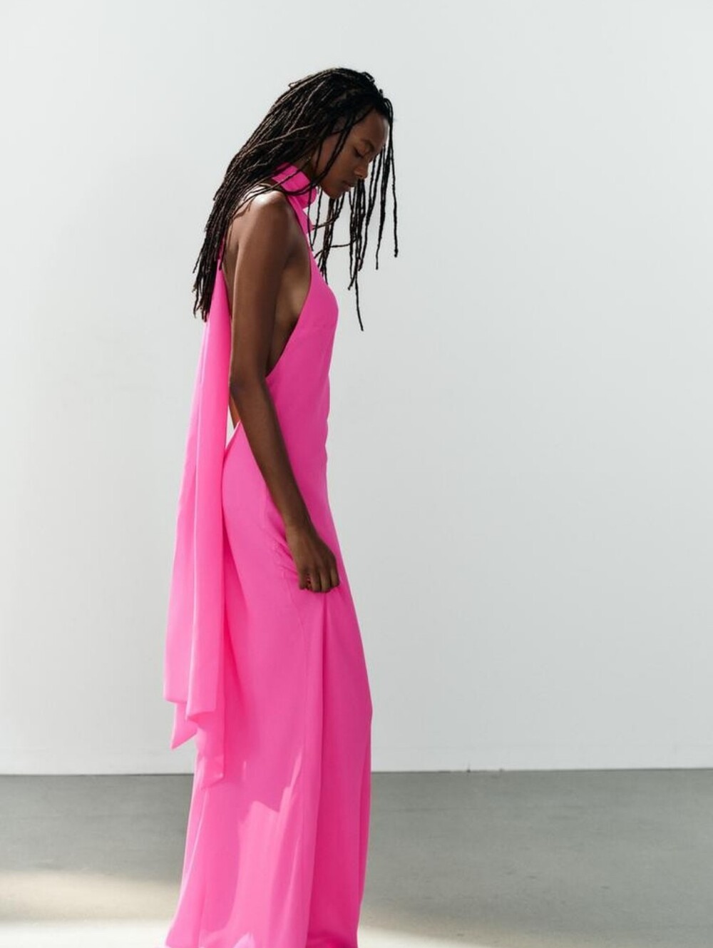 Zara Back Tie Maxi Dress Neon Pink Sz L Bnwt